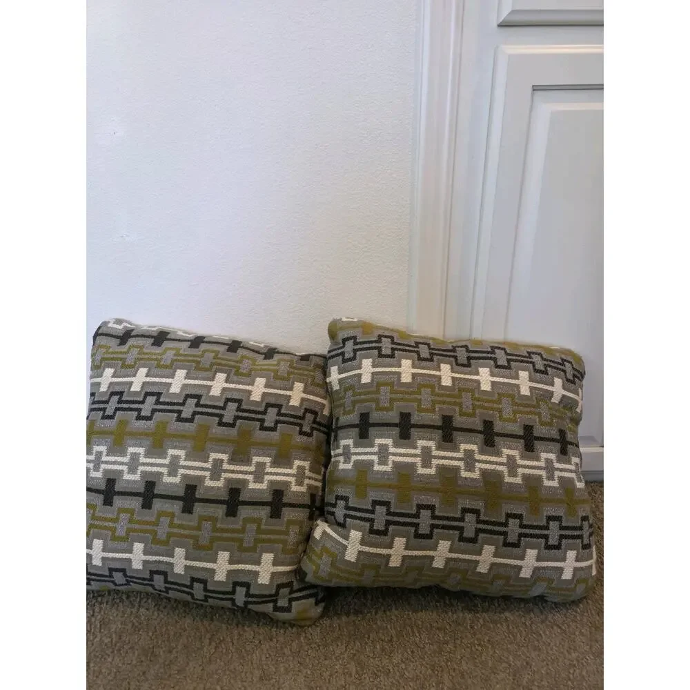 Set of 2 Geometric Greek Key Throw Pillows Olive Green Grey Cream Square 18in